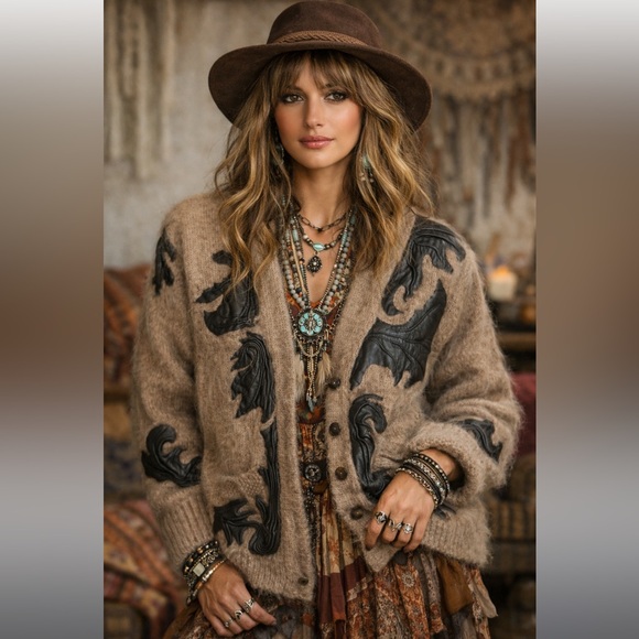 Temple Creation Sweaters - Vintage Mohair & Wool Leather Patchwork Cardigan Jacket Knit Sweater